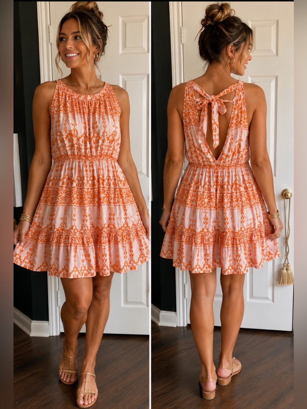BTFBM Sleeveless Orange & White Geometric Print Dress | Open V-Back | NWT
